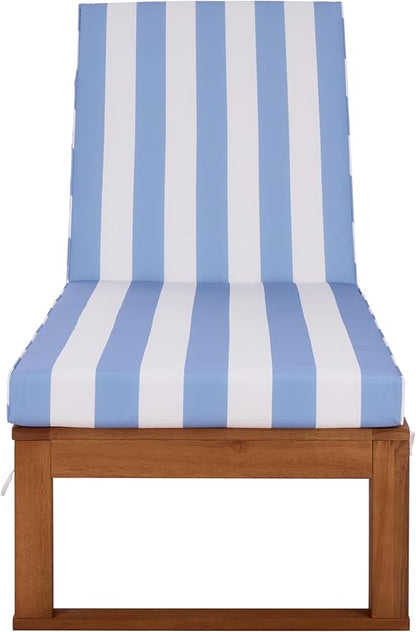 SAFAVIEH Outdoor Patio Furniture Collection - Sophie Natural Brown Solid Wood Chaise Lounge Chair, Adjustable Reclining, Baby Blue Stripe Cushion (PAT7101U)