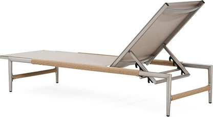 Christopher Knight Home Set of 2 Hargrove Patio Garden Chaise Lounges, Aluminum Frame, Mesh Seating and Rope-Wrapped Legs, 5-Position Adjustable Backrest, Outdoor Relaxation, Poolside, Natural+Silver