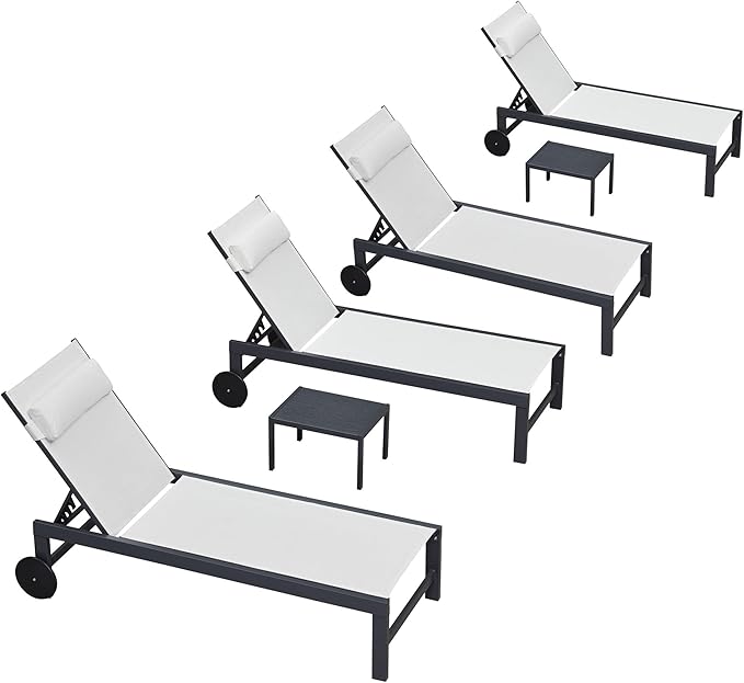 PURPLE LEAF Patio Lounge Chair Set Outdoor Chaise Lounger Aluminum Frame with 2 Side Table and Wheels for Pool Outside Sunbathing Tanning Recliner Including Pillows White