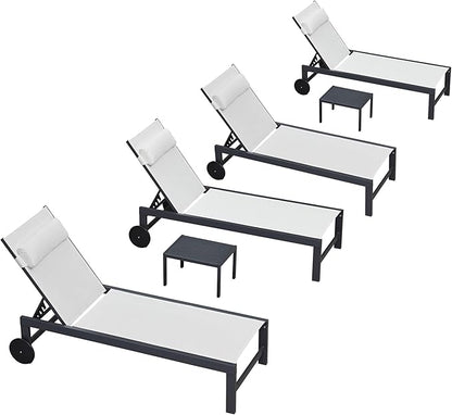 PURPLE LEAF Patio Lounge Chair Set Outdoor Chaise Lounger Aluminum Frame with 2 Side Table and Wheels for Pool Outside Sunbathing Tanning Recliner Including Pillows White