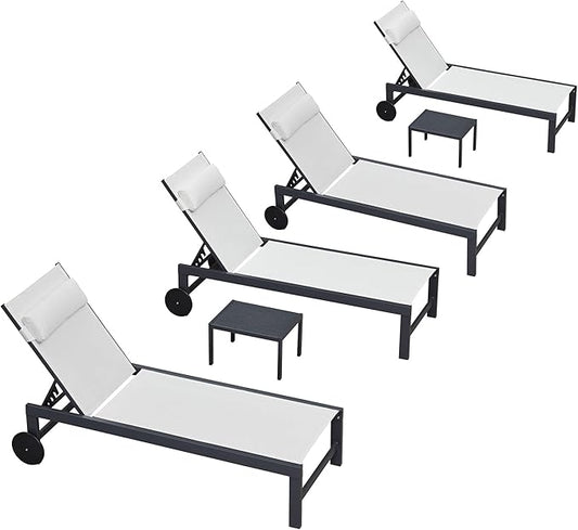 PURPLE LEAF Patio Lounge Chair Set Outdoor Chaise Lounger Aluminum Frame with 2 Side Table and Wheels for Pool Outside Sunbathing Tanning Recliner Including Pillows White