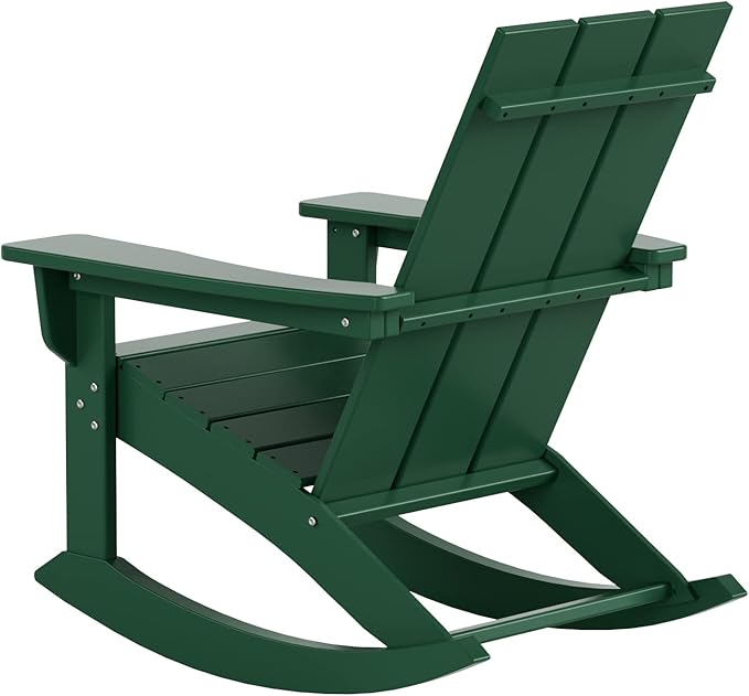 WestinTrends Ashore Patio Rocking Chair, All Weather Poly Lumber Plank Adirondack Rocker Chair, Modern Farmhouse Outdoor Rocking Chairs for Porch Garden Backyard and Indoor, Dark Green