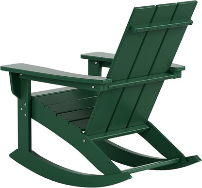 WestinTrends Ashore Patio Rocking Chairs Set of 2, All Weather Poly Lumber Plank Adirondack Rocker Chair, Modern Farmhouse Outdoor Rocking Chairs for Porch Garden Backyard and Indoor, Dark Green