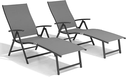 Crestlive Products Chaise Lounge Chair Outdoor Set of 2, Aluminum Folding Patio Recliner Chair, Adjustable 8 Positions Assemble-Free Perfect for Beach, Yard, Pool, Deck