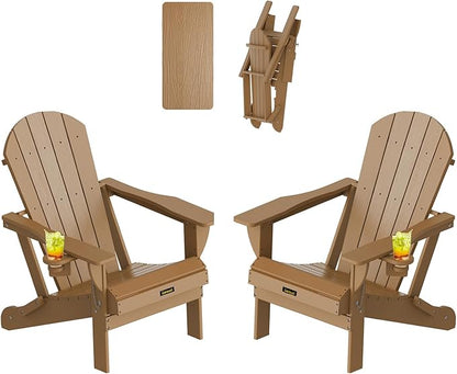 Plastic HDPE Adirondack Chair,Set of 2,Folding Adirondack Chair Weather Resistant with Cup Holder, Wooden Textured Fire Pit Outdoor Chair for Garden, Porch, Lawn, Backyard, Supports 380LBS, Teak