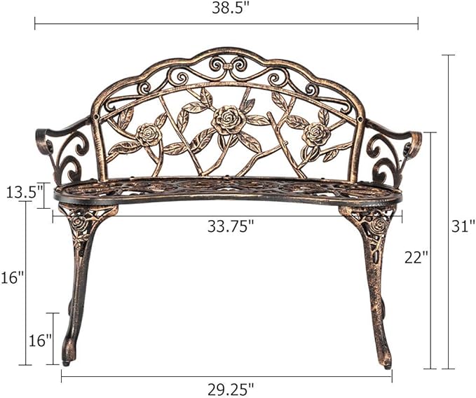 SSLine 38.5" Garden Patio Bench, Cast Aluminium Frame Antique Finish Rose Metal Outdoor Bench, Accented Lawn Front Porch Path Yard Decor Deck Furniture