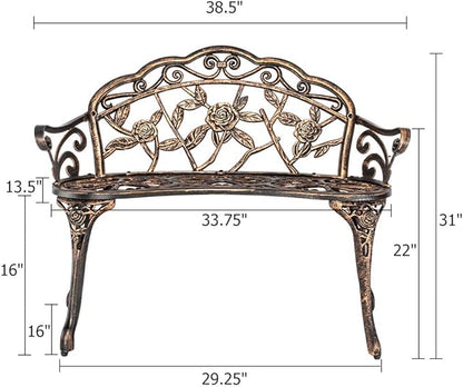 SSLine 38.5" Garden Patio Bench, Cast Aluminium Frame Antique Finish Rose Metal Outdoor Bench, Accented Lawn Front Porch Path Yard Decor Deck Furniture