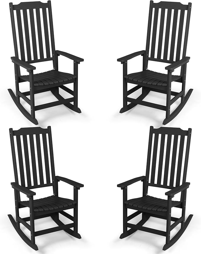 Outdoor Rocking Chairs Set of 4, Oversized All Weather High Back Porch Rocker, Patio Rockers for Outside