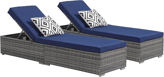 Patiorama Outdoor Patio Chaise Lounge Chair, Elegant Reclining Adjustable Pool Rattan Chaise Lounge Chair with Navy Blue Cushion, Grey PE Wicker, Steel Frame, Set of 2