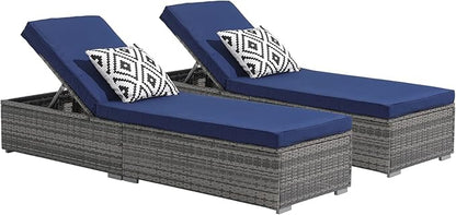 Patiorama Outdoor Patio Chaise Lounge Chair, Elegant Reclining Adjustable Pool Rattan Chaise Lounge Chair with Navy Blue Cushion, Grey PE Wicker, Steel Frame, Set of 2