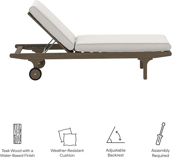 Modway Saratoga Teak Outdoor Chaise Lounge Chair in Weathered Gray White – Adjustable Wood Pool Lounge Chair with - Photo 2