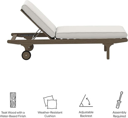 Modway Saratoga Teak Outdoor Chaise Lounge Chair in Weathered Gray White – Adjustable Wood Pool Lounge Chair with Wheels and Cushions