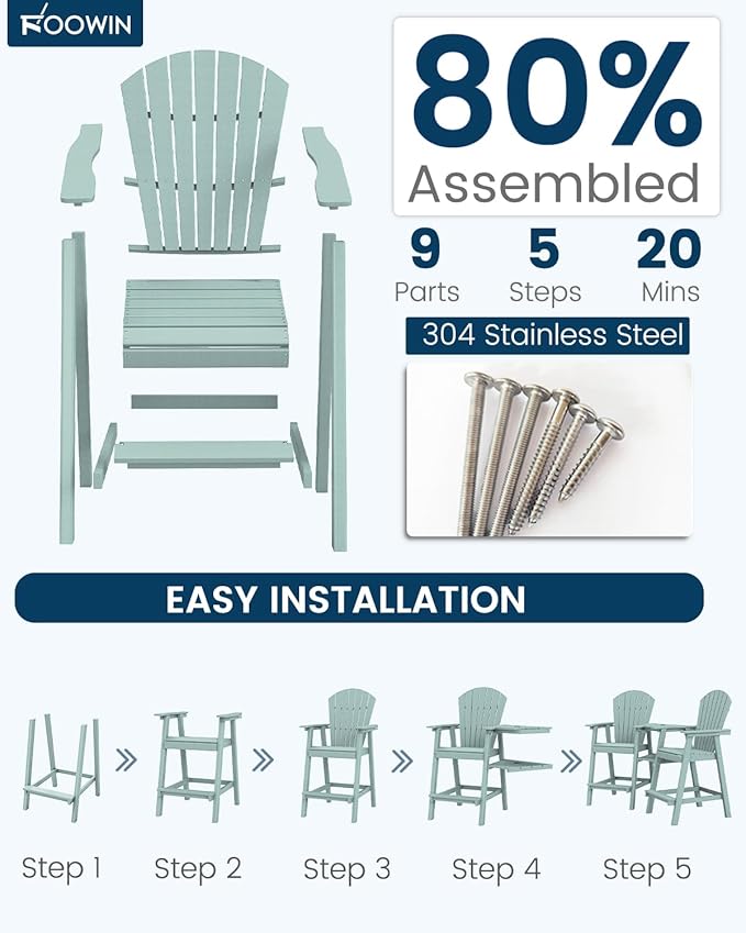FOOWIN Tall Adirondack Chair Set of 2, All Weather HDPE Bar Height Adirondack Chair with Double Connecting Trays - Photo 8