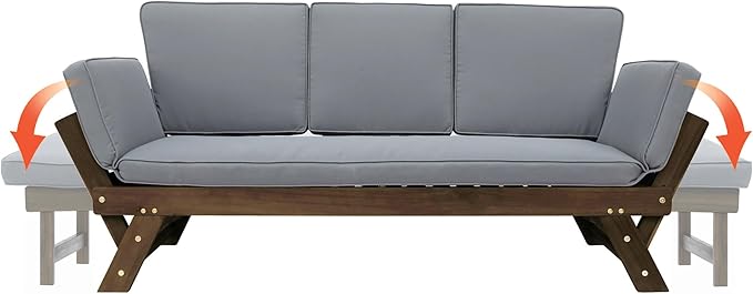 Merax Patio Sofa, Outdoor Adjustable Wooden Daybed, Chaise Lounge with Cushions, Gray