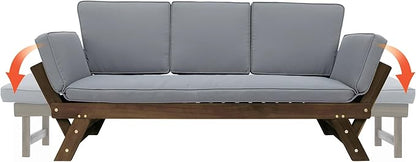 Merax Patio Sofa, Outdoor Adjustable Wooden Daybed, Chaise Lounge with Cushions, Gray