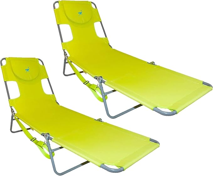 Ostrich Chaise Lounge Outdoor Portable Folding 3 Position Chair for Beach, Patio, Camp, and Pool with Carrying Strap, Neon Green (2 Pack)
