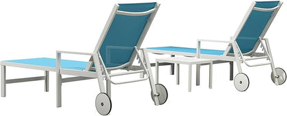 PURPLE LEAF Lounge Chair Outdoor Set 2 Pieces White Aluminum Chaise Lounge with Armrest and Wheels for Pool Deck Patio, Turquoise