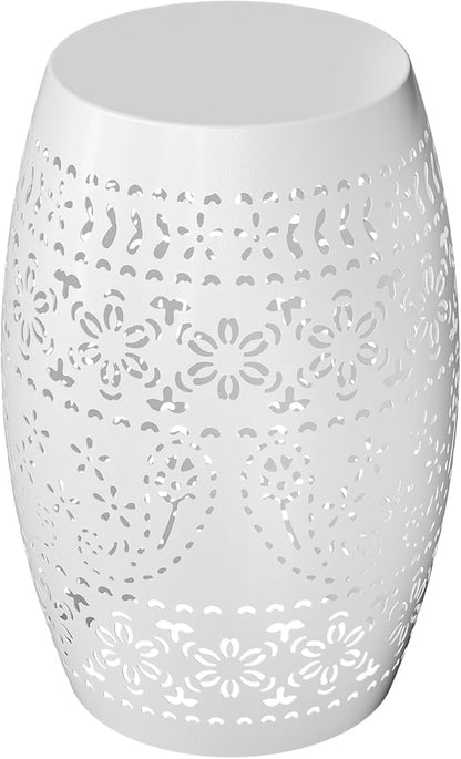 9.45 Inch Patio Coffee Table,Round Hollow Drum Side Table,Weather Resistant Steel Patio Side Table,Pool Coffee Accent Table,with Metal Frame,for Porch Yard Balcony Garden Lawn Backyard (White)