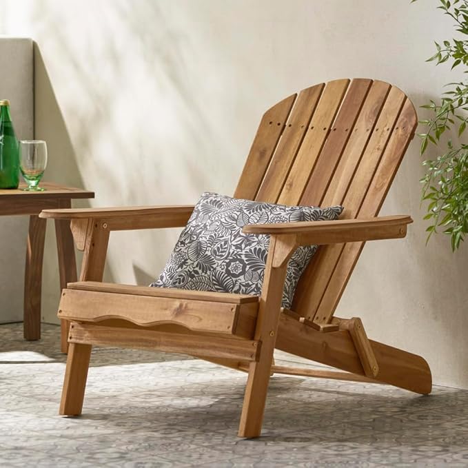 Folding Adirondack Chair Outdoor Wooden Accent Furniture Fire Pit Lounge Chairs,for Patio & Garden Relaxation with Slatted Back & Wide Armrests- Teak Finis (Teak + Acacia Wood)