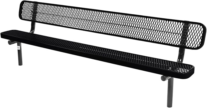 COATEDOUTDOORFURNITURE Coated Outdoor Furniture Heavy-Duty Outdoor Bench Thermoplastic Coated, Expanded Metal, Commercial-Grade Seating, Made in America (Inground with Back, 8 Ft, Black)