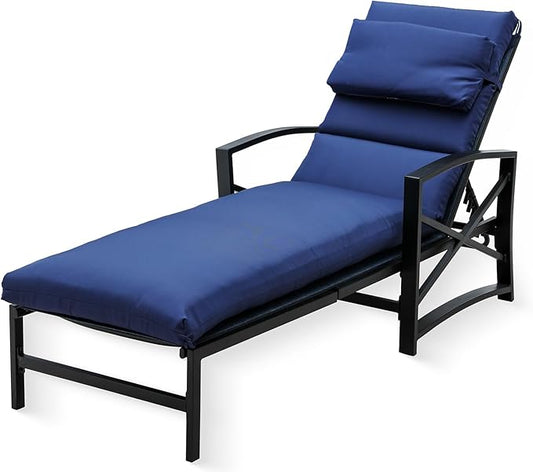 PatioFestival Patio Lounge Chair Cushioned Textilene Chaise Lounger Outdoor with Adjustable Back 3.1" Thickness Long Cushion All Weather Frame (Blue)