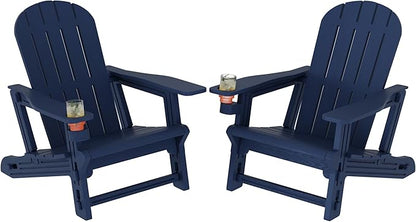 Shintenchi Adirondack Chairs Set of 2,HDPE Adirondack Chair w/Removable Tablelop & Umbrella Hole,All-Weather Wooden Textured Plastic Outdoor Chairs w/Cup Holder for Garden Backyard Pool,Dark Blue