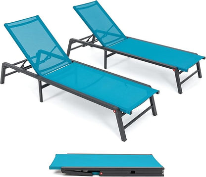 Aluminum Chaise Lounge Outdoor, Foldable & Assemble-Free Lounge Chair Outdoor Set of 2, Lounge Chair with 5 Adjustable Backrest, Patio Lounge Chair for Outside, Poolside, Beach, Pool, Blue