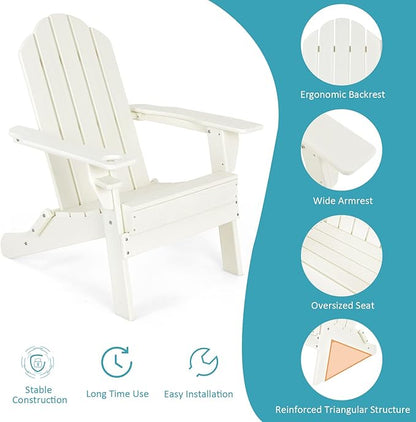 Tangkula Outdoor Folding Adirondack Chair, HDPE Armchairs with Cup Holder, Weather Resistant Lounger Chair for Patio Garden Fire Pit Backyard, Lawn Porch Seating, Adirondack Lounger (1, White)