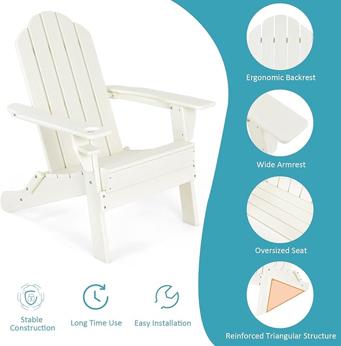 Tangkula Outdoor Folding Adirondack Chair, HDPE Armchairs with Cup Holder, Weather Resistant Lounger Chair for Patio Garden Fire Pit Backyard, Lawn Porch Seating, Adirondack Lounger (4, White)