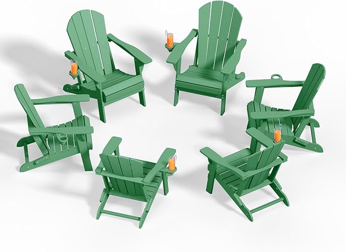 Folding Adirondack Chairs with Cup Holders, Set of 6 HDPE Plastic Outdoor Chairs, Weather Resistant, Real Wood Look, Heavy-Duty Patio Furniture for Deck, Fire Pit, Backyard, Leaf Green