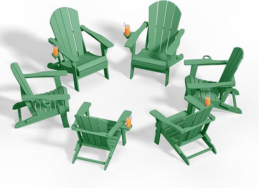 Folding Adirondack Chairs with Cup Holders, Set of 6 HDPE Plastic Outdoor Chairs, Weather Resistant, Real Wood Look, Heavy-Duty Patio Furniture for Deck, Fire Pit, Backyard, Leaf Green