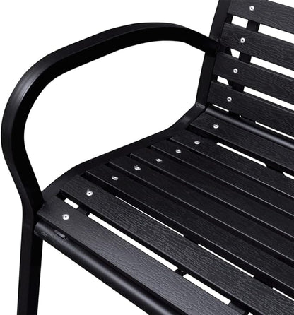 Black WPC and Steel Garden Bench 116 cm Wide, Durable Outdoor Seating for Patio and Balcony, Comfortable Two-Person Bench with Industrial Design