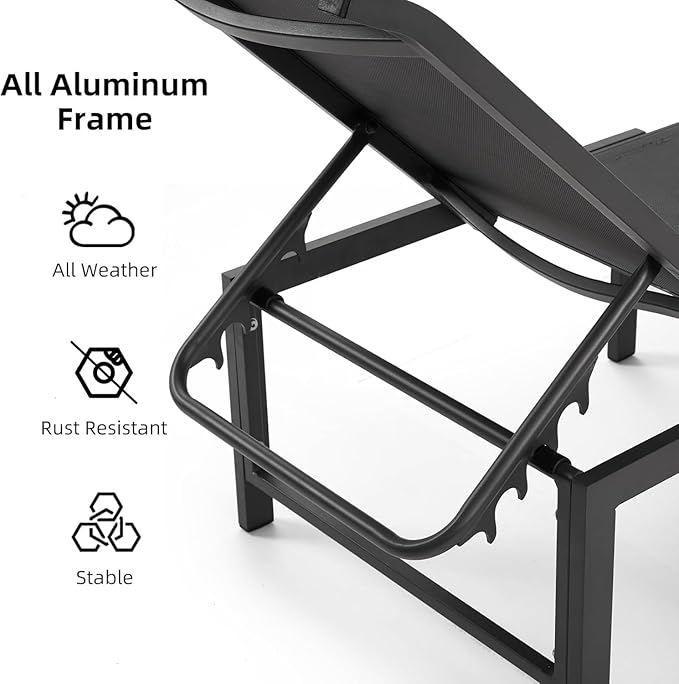 Lounge Chair Outdoor Set of 2, Foldable & Assembly Free Aluminum Chaise Lounge Chair with 5-Position Recliner, Pool Lounge Chairs for Outside Poolside Beach Lawn (Black)