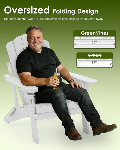 GREENVINES Oversized-Folding-Adirondack-Chairs-Set-of-4 | HDPE Plastic | Cup Holder | Fire Pit Chair | All Weather | for Outdoor Deck Backyard | White