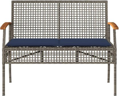 Garden Bench with Removable Cushion in Grey, Brown, Navy Blue - 4 Pieces Modern Outdoor Seating, Durable Poly Rattan and Steel Construction, Weather-Resistant for Patio