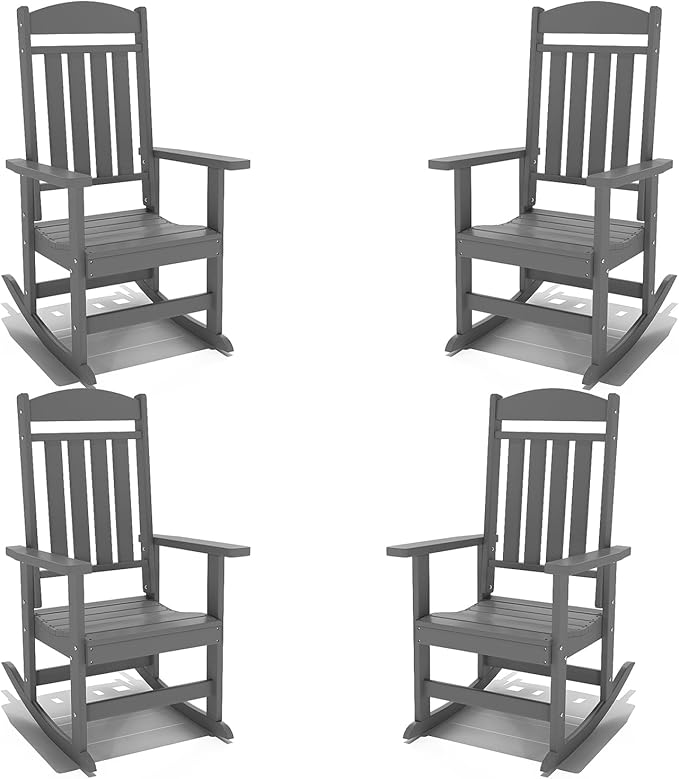 Outdoor Rocking Chairs Set of 4, Oversized High Back Patio Rocking Chairs, All Weather Porch Rocking Chairs for Outside. Dark Grey