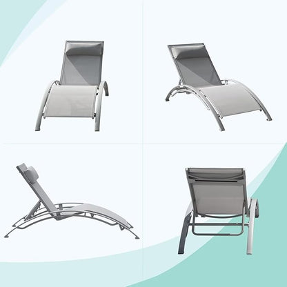 Domi Pool Lounge Chairs Set of 2, Adjustable Aluminum Outdoor Chaise Lounge Chairs, All Weather for Deck Lawn Poolside Backyard -Grey Textilene