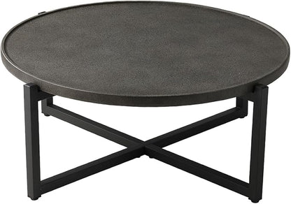 COSIEST Small Round Outdoor Coffee Table Dark Grey, 12''Hx31.5'''All-Weather Concrete Top Patio End Table W Metal Frame for Garden, Balcony and Living Room