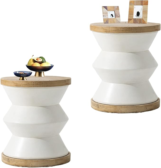 HOMPUS Unique Outdoor Concrete Side Table Set of 2, Modern Vintage MgO Patio End Table Set, 2 Piece Lightweight Functional Small Accent Table for Indoor Outdoor Use, Garden, Deck, Poolside