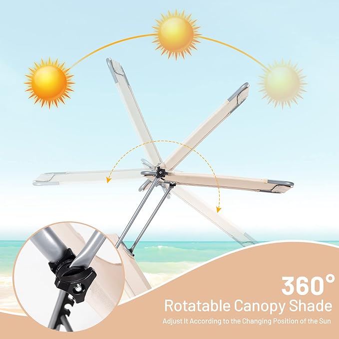 Giantex Outdoor Folding Chaise Lounge, Portable Tanning Chair with 5 Adjustable Positions, 360°Rotatable Canopy Shade - Photo 6