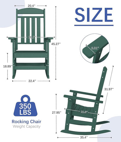 FOOWIN Outdoor Rocking Chair Set of 8, High Back Patio Rocking Chair, HDPE All Weather Resistant Porch Rocker for Adult, Oversized Rocking Chairs for Garden, Lawn, Indoor & Outdoor Use, Dark Green