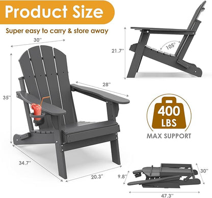 IVY&LANE Folding-Adirondack-Chairs-Set-of-4 | HDPE Plastic | Outdoor Fire Pit Chair with Cup Holder | Grey | Poly | Weather Resistant | for Patio Deck Poolside Garden Beach