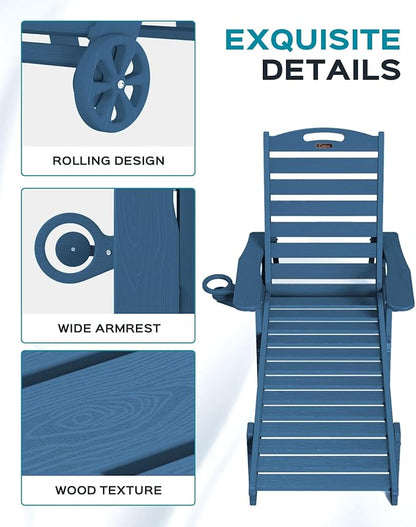 Ciokea Lounge Chair Outdoor, Oversized Chaise Lounge Chair with 5 Positions, HDPE, Patio Lounge Chair with Wheels & Cup Holder for Pool, Deck, Poolside, Azure Blue