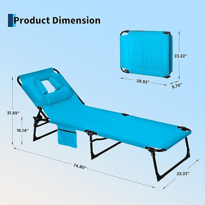 Tanning Chair with Face Hole Folding Beach Lounge Chair,5-Position Adjustable Backrest, Pillow & Side Pocket,Portable Face Down Chaise Lounge for Outdoor Backyard Poolside,Beach, Patio,Blue