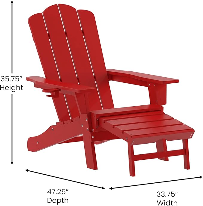 Flash Furniture Newport Poly Resin Adirondack Chair with Cup Holder and Pull Out Ottoman, All-Weather Poly Resin Indoor/Outdoor Lounge Chair, Red