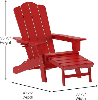 Flash Furniture Newport Poly Resin Adirondack Chair with Cup Holder and Pull Out Ottoman, All-Weather Poly Resin Indoor/Outdoor Lounge Chair, Red