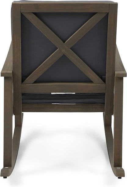 Outdoor Rocking Chair with Armrests and Cushions, Acacia Wood Structure, for Garden, Patio or Balcony, Dark Grey