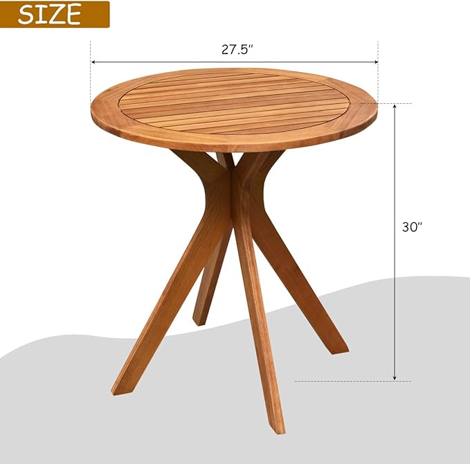 Eucalyptus Wood Round Table, Outdoor Patio Coffee Table, 27.5" x 27.5" x 30", Brown