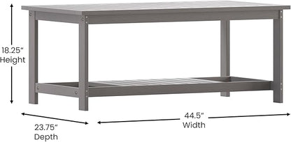 BizChair Two Tiered Commercial Grade Adirondack Coffee Table - Gray Finish Poly Resin Wood - All-Weather - Slatted Shelf Design