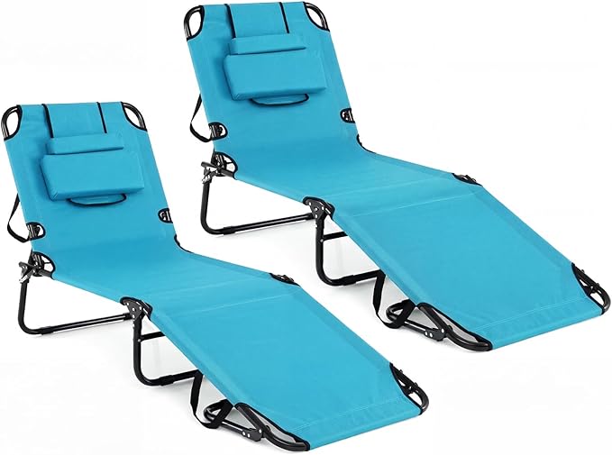 Tangkula Beach Lounge Chair, Folding Sunbathing Recliner with Face Hole, Face Down Tanning Chair with 4-Level Adjustable Backrest & 3 Removable Pillows, Chaise Lounge Chair for Patio (2, Turquoise)